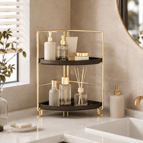FSyueyun 2-Tier Corner Bathroom Counter Organizer, Gold & Brown - Image 3