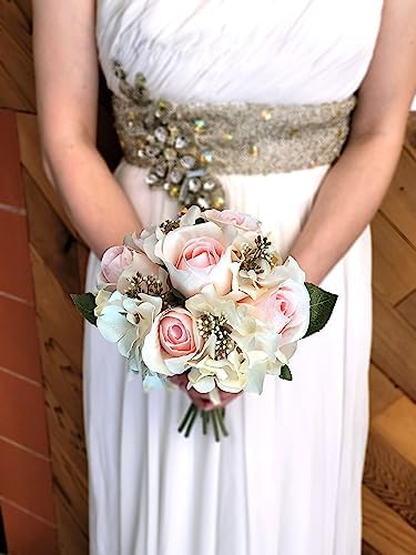 Admired by Nature Artificial Rose Hydrangea Flowers Bouquet, 9 Stems Faux Wedding Bouquet for Bride Bridesmaid, Centerpieces Floral Arrangement Home Decoration GPB8359-CM/PK Cream/Pink - Image 2