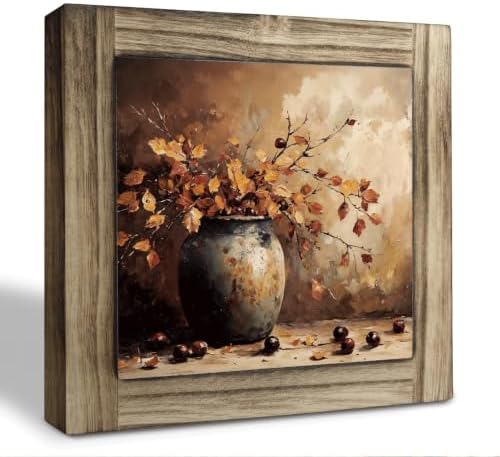 Fall Home Decor Wood Plaque Sign, Autumn Leaves Vase Art for Desk Shelf 01 by XJCUG