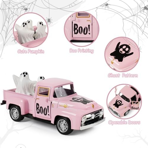 Pink Halloween Truck Decor, Ghost Pickup for Farmhouse Tabletop Decor - Image 4