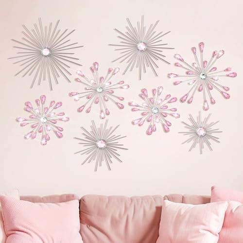 Blulu 8 Pcs Pink Metal Wall Art Cast Iron Starburst Wall Decor Bling Crystal Sculptures Living Room 3D Teardrop Radial Rhinestone Hanging Diamond Accents for Home Office Bedroom Entryway by Blulu