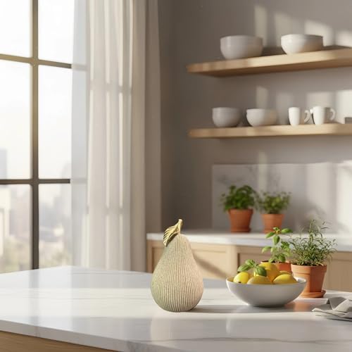 Desert Sand Pear Figurine with Gold Leaf, Textured Resin Fruit Sculpture, Minimalist Neutral Home Decor Statue for Kitchen Counter, Coffee Table & Shelf Decor - Image 6