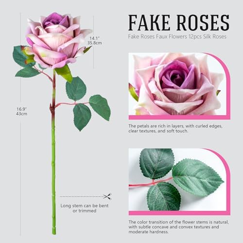 Ttranewsoo 12PCS Artificial Roses with Stems, Realistic Purple Fake Roses, Silk Rose Flowers for Vases, DIY Bouquets, Wedding Centerpieces, Party & Home Decor, 16.5 Inch - Image 2