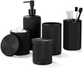 Black Glass Bathroom Accessories Set 5 Piece, Vintage Ribbed Soap Dispenser, Toothbrush Holder, Tumbler, Qtip Jars, Cute Aesthetic Vanity Organizer for Home, Restroom Countertop Decor by BSSN