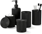 Black Glass Bathroom Accessories Set 5 Piece, Vintage Ribbed Soap Dispenser, Toothbrush Holder, Tumbler, Qtip Jars, Cute Aesthetic Vanity Organizer for Home, Restroom Countertop Decor by BSSN