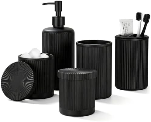 Black Glass Bathroom Accessories Set 5 Piece, Vintage Ribbed Soap Dispenser, Toothbrush Holder, Tumbler, Qtip Jars, Cute Aesthetic Vanity Organizer for Home, Restroom Countertop Decor by BSSN