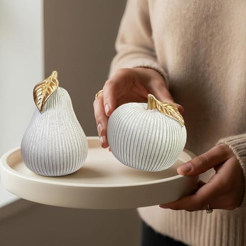 Apple and Pear Decor Set, Modern Fruit Sculpture Home Decor, White and Gold Decorative Ornaments for Living Room Bedroom Desk Shelf Coffee Table, Aesthetic Room Decor Unique Gift - Image 2