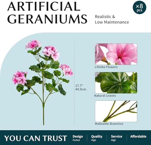 Artificial Geraniums for Outdoors, 8 Stems 17.7 Inch Pink Faux Geranium Bush Fake Flowers UV Resistant Fall Porch Patio Garden Planter Window Box Indoor Decor, Pot Not Included - Image 2