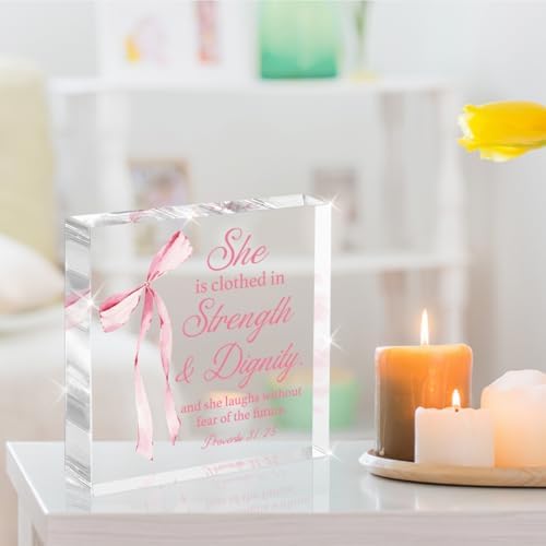 Pink Room Decor, Inspirational Bible Verse Quotes, Christian Gifts for Women, Coquette Aesthetic Bow Dorm Decoration, Office Decor for Women, Acrylic Office Desk Accessories Decoration-Proverbs 31:25 - Image 3