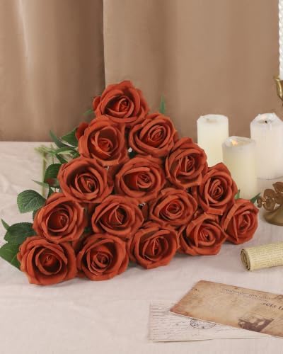 Coferset 50pcs Velvet Artificial Roses Flowers in Bulk,Burnt Orange - Image 5