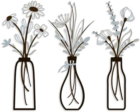 3 Pieces Metal Vase Flowers Wall Arts - Rustic Farmhouse Style Décor Metal Wall Art Black Minimalist Flower Natural Themed Wall Decors for Home Bedroom Dining Room Housewarming (Brown-Blue, Vase-C) by Artisinfiniteloveiseternaljustlikepi
