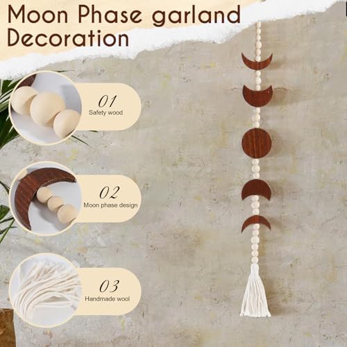 Moon Phase Wall Hanging Wood Beaded with Tassel,Phases of The Moon,Boho Home Decor for Living Room Bedroom Office(Brown) - Image 2