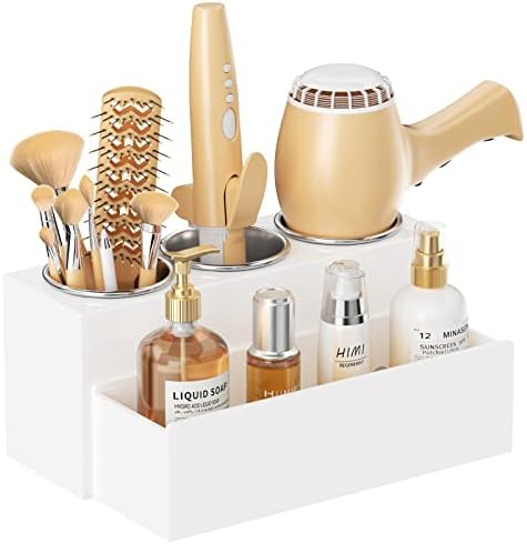 HIIMIEI Hair Tool Organizer, Acrylic Hair Dryer Holder, Bathroom Countertop Blow Dryer Stand Storage, Vanity Organizer for Accessories, Makeup, Flat Irons, Curling Irons, and Toiletries (White) by HIIMIEI