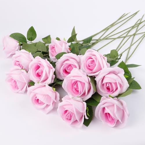 12 Pcs Artificial Rose Flowers, Silk Roses with Long Stems, Realistic Fake Roses for Wedding Centerpiece Party Home and Office DIY Decor, Pink by Solivya