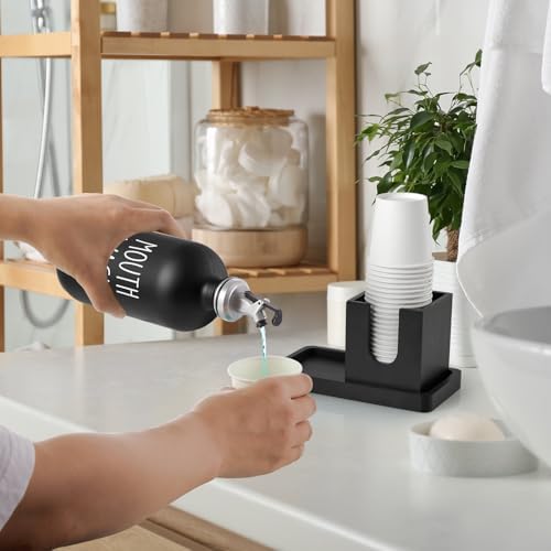 Glass Mouthwash Dispenser for Bathroom, 16 OZ Mouthwash Dispenser with Pour Spout and Wood Cup Holder and Tray, Mouth Wash Bottle Container, Black Kitchen Bathroom Decor and Accessories - Image 6