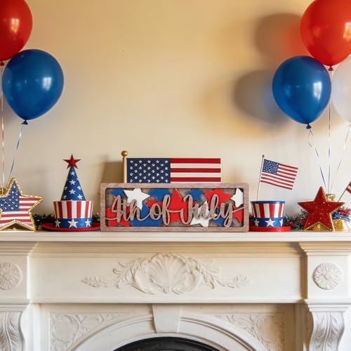 COCHIE Vintage 4th of July Decorations for Office, Home, Table, Mantel, Shelf, Desk, 4 x 11 Inch USA Flag Star Sign, Wooden Fourth of July Decor, Farmhouse Red Blue White Patriotic Centerpiece (Star) - Image 4