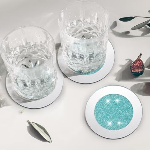 Jetec Mirrored Glass Coaster Set of 6 with 1 Holder 4" Crushed Diamond Round Cup Mat Glitter Crystal Rhinestone Glass Coaster Bling Table Decor for Bar Kitchen Gift for Christmas(Mint Green,4 Inch) - Image 4