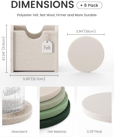 Fluxynara Felt Coasters with Holder, Set of 8 for Drinks, Sagewood - Image 2