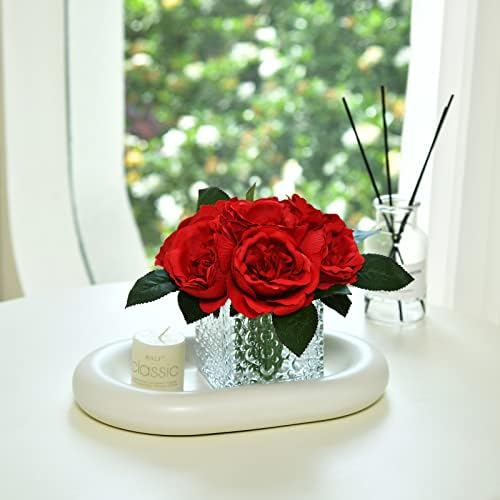 Artificial Peony Silk Flower Centerpieces Faux Floral Arrangement in Glass Vase for Home Wedding Table Decoration (Red) - Image 4