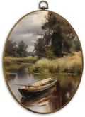 CUANFDDSF Vintage Rustic Lakeside Boat Oval Wall Art Decor, Farmhouse Country Wall Hanging Decor, Retro Countryside Landscape Framed Canvas Prints for Home Bedroom Living Room, 8.6x11.4 Inch by CUANFDDSF