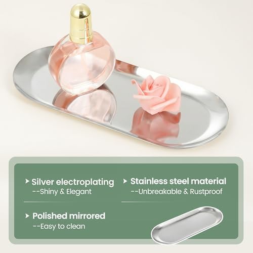 2PACK Silver Decorative Tray, Bathroom Vanity Tray for Dresser Counter, Stainless Steel Jewelry Dish Tray for Decor, Perfume Ring Key Candle Organizer Tray, Oval - Image 2