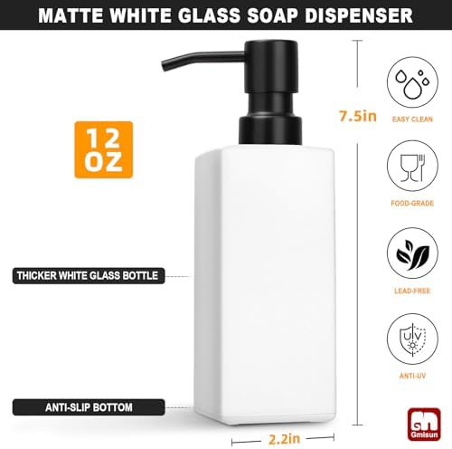GMISUN White Soap Dispenser Bathroom, Hand Glass Soap Dispenser with Stainless Steel Pump, 12 fl oz/350ml Dish Dispenser for Kitchen, Modern Refillable Liquid Soap and Lotion Dispenser for Countertop - Image 2