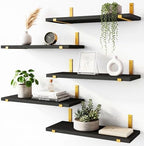 Fixwal Width 4.75 Inches Floating Wall Shelves, Set of 5, Black Gold by Fixwal