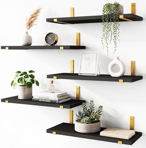 Fixwal Width 4.75 Inches Floating Wall Shelves, Set of 5, Black Gold by Fixwal
