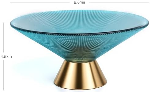 Tapered Glass Decorative Bowl (Blue), 9.8 Inches Handblown Striped Design Glass Bowl with Rust Resistant Metal Base,Decorative Fruit Bowl for Home Decor,Table Centerpiece,Kitchen Island,Dining Decor - Image 4