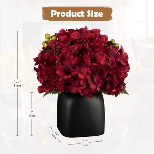 Briful Hydrangea Artificial Flowers in Ceramic Black Vase, Burgundy Silk Hydrangea Centerpieces for Tables, Realistic Dining Table Vase with Flowers for Farmhouse Home Decor Indoor - Image 2