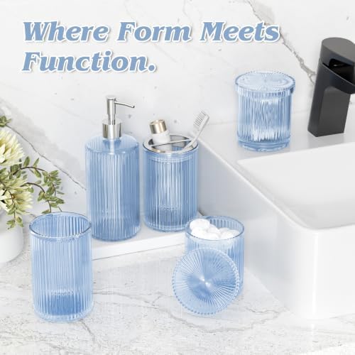 Blue Bathroom Accessories Set, 3.5 Gal Trash Can with Press-Top Lid, Glass Bathroom Set Inclued Soap Dispenser, Toothbrush Holder, Tumbler, Qtip Holders, Vintage Bathroom Sink Set Cute Bathroom Decor - Image 5