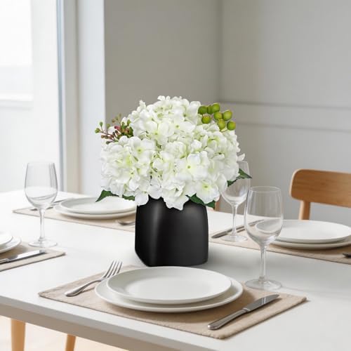 Briful Artificial White Hydrangea Arrangement, Matte Black Vase Centerpiece - Image 3