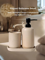 INGOFIN 3 Pcs Ceramic Bathroom Accessory Set - Liquid Soap Dispenser, Toothbrush Holder & Tray, Bathroom Counter Set, Countertop Essentials for Home, Guest Bathroom, or Office Use, Beige - Image 3