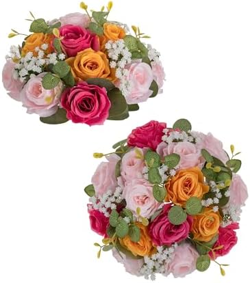 BLOSMON Fake Flower Centerpieces for Home Tables: 2 Pcs, Pink and Orange by Blosmon