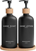 Black Glass Soap and Lotion Dispenser Set with Tray by Brighter Barns - Liquid Hand Soap Dispenser and Pump - Bamboo Bathroom Accessories & Modern Bathroom Decor (Black) by BrighterBarns