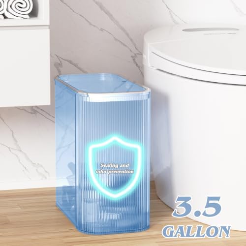 Blue Bathroom Accessories Set, 3.5 Gal Trash Can with Press-Top Lid, Glass Bathroom Set Inclued Soap Dispenser, Toothbrush Holder, Tumbler, Qtip Holders, Vintage Bathroom Sink Set Cute Bathroom Decor - Image 4