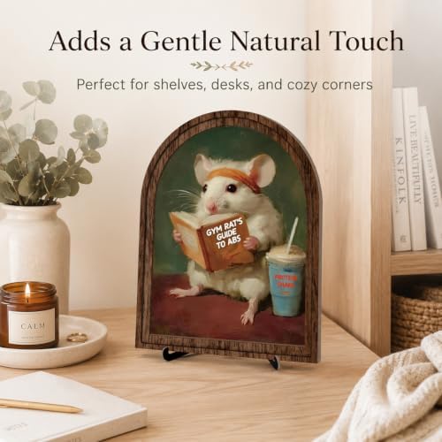 Wooden Tabletop Sign Funny Mouse Decor for Bookshelf Desk Shelf, Vintage Reading Animal Art, Arched Wooden Sign with Stand Decoration, Rustic Home Gym Office Decor - Image 2