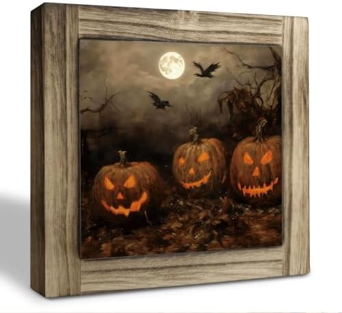 Halloween Pumpkin Wood Plaque Sign, Halloween Mantel and Tabletop Art Decor 29 by XJCUG