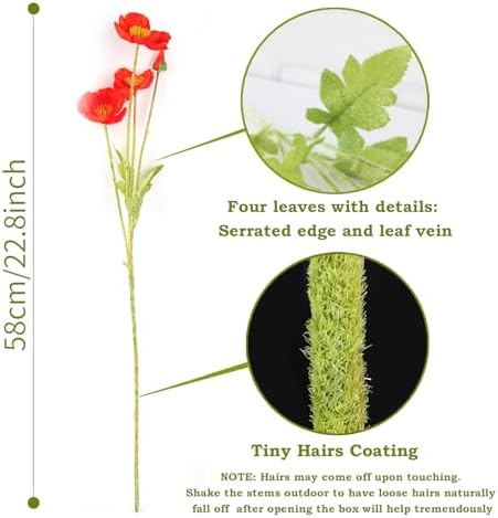 Artificial Poppies, Red Silk Poppies Artificial Flowers - 24x Blooming California Poppy Flower Artificial Plus 8X Buds for Home Decoration, RDRD8 - Image 3