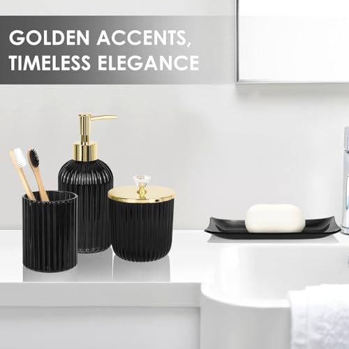 Designer Black Glass Bathroom Accessories Sets - 4 Pcs with Lotion Soap Dispenser, Bathroom Toothbrush Holder, Vanity Tray, and Apothecary Jar, Vintage Bathroom Decor, Gift Countertop Organizer - Image 3