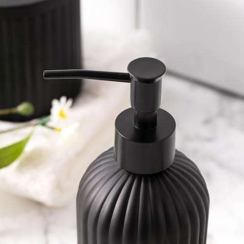 4PCs Heavy Weight Decent Glass Bathroom Accessories Set with Decorative Pressed Pattern - Includes Hand Soap Dispenser & Tumbler & Soap Dish & Toothbrush Holder (Black) - Image 4