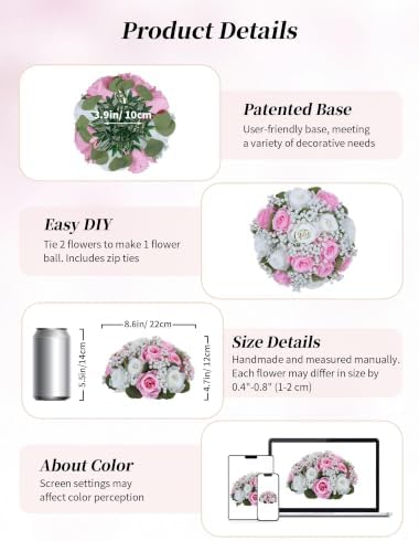 BLOSMON Fake Flowers Ball Centerpieces: 2 Pcs, Pink White Rose Babys Breath - Image 5