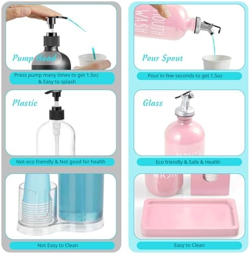 Glass Mouthwash Dispenser for Bathroom, 16 OZ Mouthwash Dispenser with Pour Spout and Wood Cup Holder and Tray, Mouth Wash Bottle Container, Farmhouse Kitchen Bathroom Decor and Accessories, Pink - Image 4