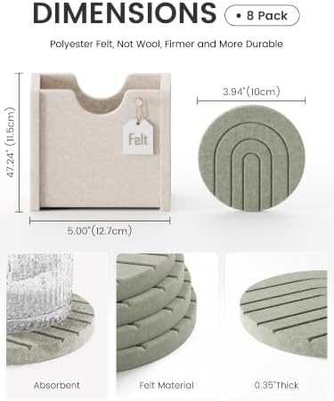 Fluxynara Felt Coasters with Holder, Set of 8 for Drinks, Sage - Arch - Image 2