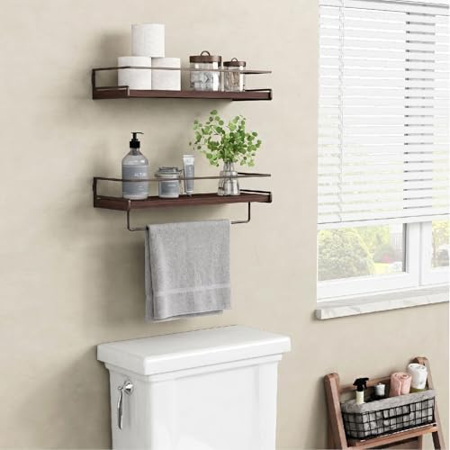 Forbena Dark Brown Kitchen Shelves Wall Mounted Set of 2, Walnut Brown Floating Kitchen Wall Shelves with Rail, Hanging Shelves for Kitchen Wall Coffee Bar (Wooden Pine Wood) - Image 5