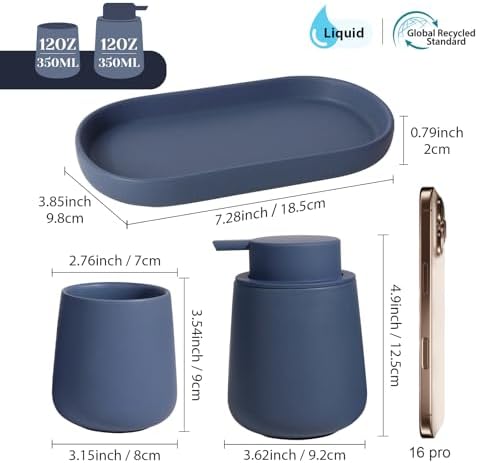INGOFIN 3 Pcs Ceramic Bathroom Accessory Set - Liquid Soap Dispenser, Toothbrush Holder & Tray, Bathroom Counter Set, Countertop Essentials for Home, Guest Bathroom, or Office Use, Matte Blue - Image 2