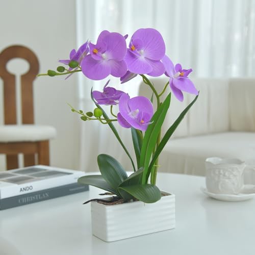 Artificial Real Touch Orchid Flowers with White Ceramic Vase, Purple - Image 5