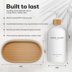 White Glass Soap and Lotion Dispenser Set with Tray by Brighter Barns - Hand Soap Dispenser Bathroom Set - Bamboo Bathroom Soap Dispenser Set - Minimalist Bathroom Accessories, Modern Home Decor - Image 3