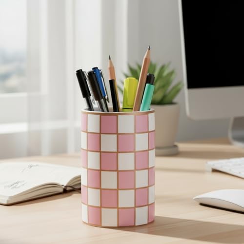 Checkered Bathroom Toothbrush Holder, Bathroom Black and White Ceramic Toothbrush Holder, Modern Toothbrush Box, Used for Bathroom countertop Storage Rack, Checkered Bathroom Decoration (Pink) - Image 4