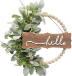 Green Wreath for Front Door, Wood Bead Wreaths with Artificial Lambs Ears Leaves, Hello and Welcome Door Sign Wreath for Home Decor, Spring Summer Green Leaf for Wedding Decor by idyllic